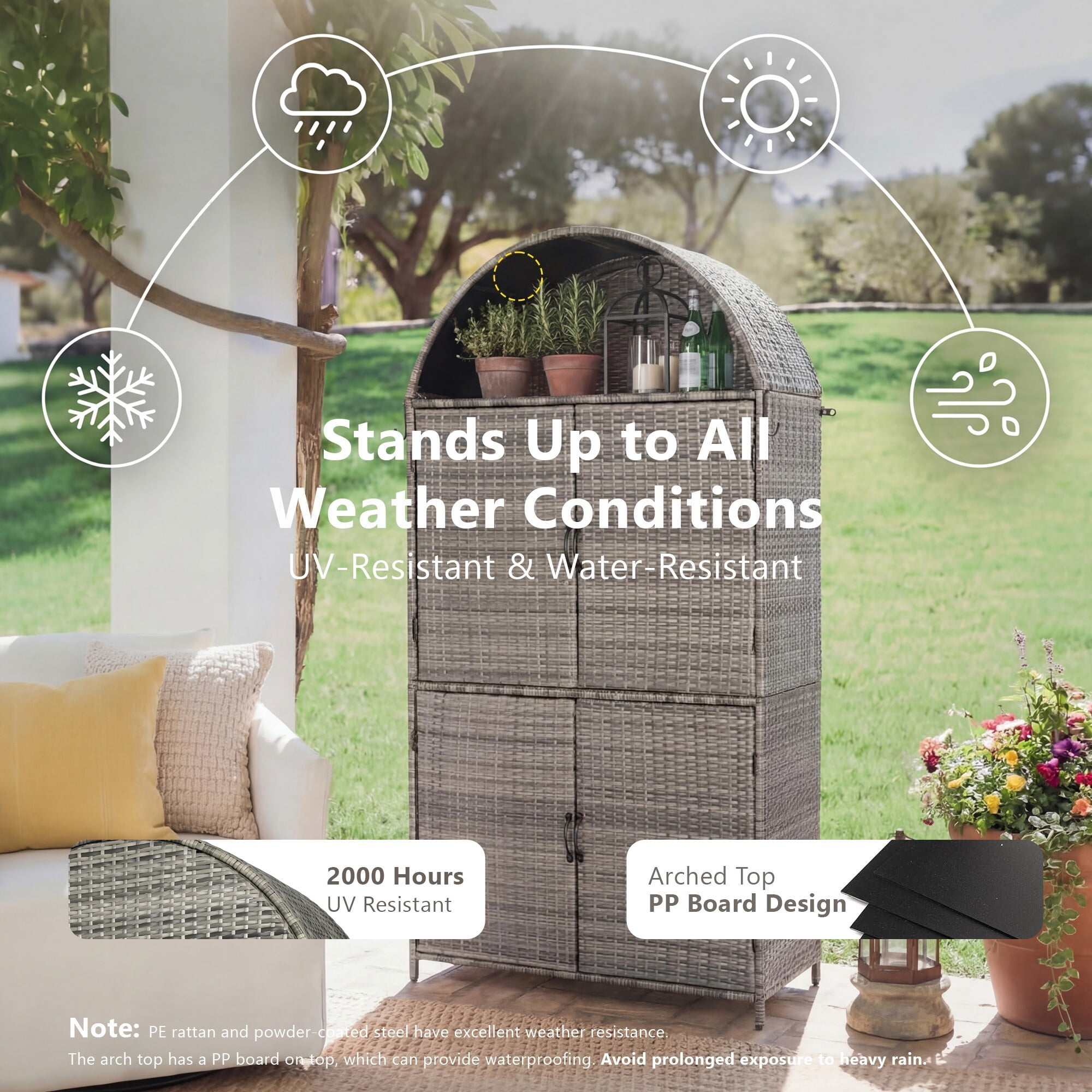 AENKYO 72" Tall Arched Wicker Outdoor Storage Cabinet, Vertical Poolside Towel Holder & Rattan Garden Shed, Gray