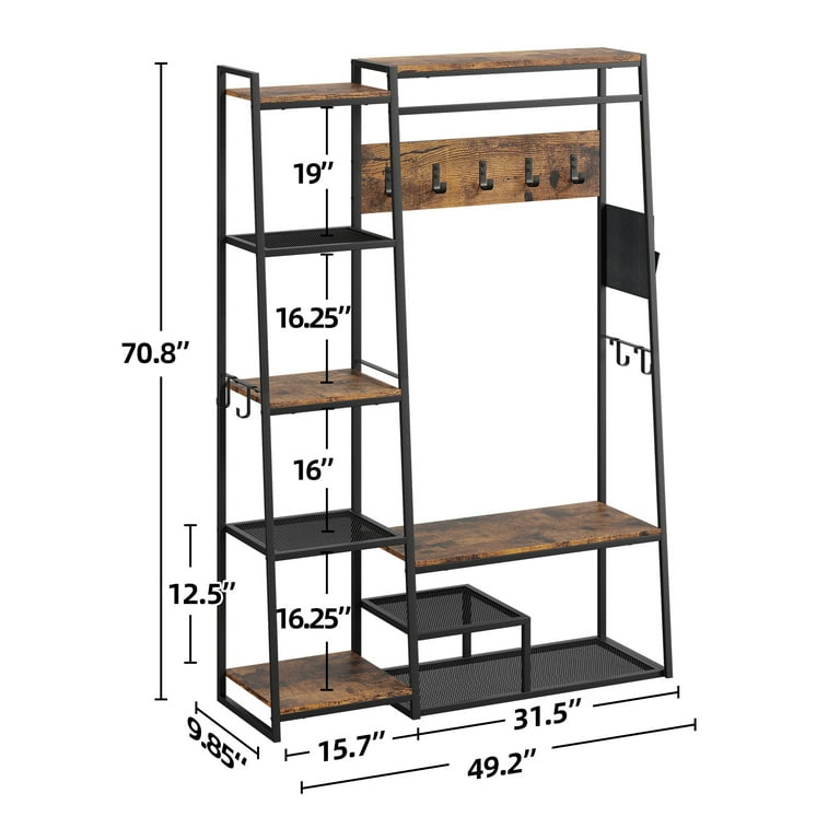 Yartaka 70 H Entryway Coat Rack with Shoe Storage Bench Metal Hall Tree  with 2 Shoe Shelves & 5 Movable Hooks Rustic Brown