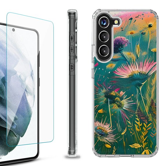 OneToughShield ® for Samsung Galaxy S23  S23 Plus 5G Shockproof Bumper Phone Case, with Tempered Glass Screen Protector - Flower Wind