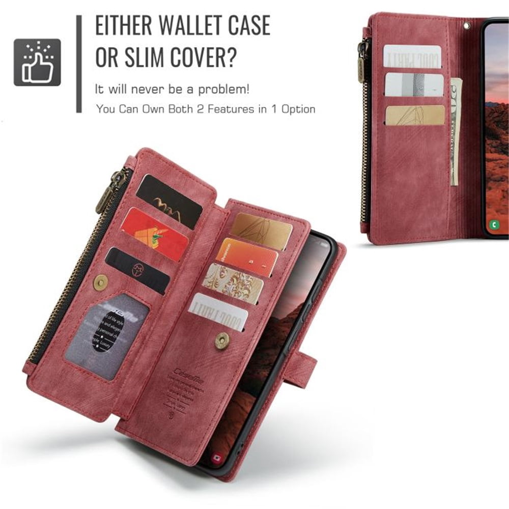 CaseMe Case for Samsung Galaxy A37 5G Wallet Case for Women Men, Fashion Durable PU Leather Magnetic Flip Lanyard Strap Wristlet 10-Card Holder Zipper Wallet Phone Case,Red,For Galaxy A37 5G
