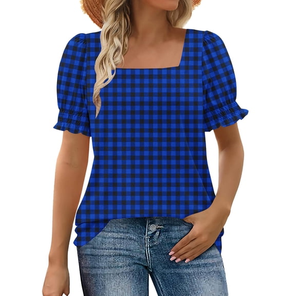 ClodeEU Women's Cute Check Print Square Neck Ruffle Short Sleeve Top, Casual Boho T-Shirt Blue,Womens Plus XXL