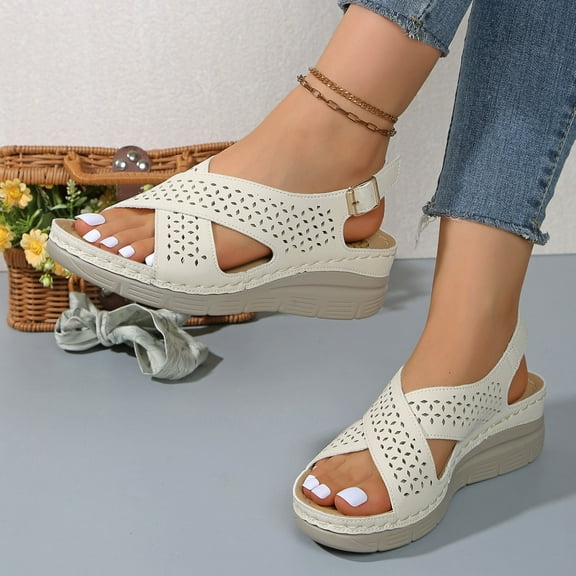 Womens Sandal Womens Oofos Slides Women's Fashion Casual Spring And Summer Beach Versatile One-Line Buckle Solid Color Round Toe Open Toe Wedge Heel Thick-Soled Sandals Beige