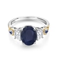 thumbnail image 2 of Gem Stone King 925 Silver and 10K Yellow Gold Oval Blue Sapphire and Moissanite 3-Stone Engagement Ring for Women (2.70 Cttw, Gemstone Birthstone, Size 9), 2 of 3