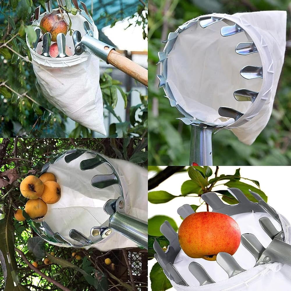 Fruit Picker, Dingrich 2.8 m Apple Picker with Telescopic Handle, Extendable Reach Metal Picker with Cotton Bag, Food Picking Equipment with Non-Slip Grip Handle for Garden Tool
