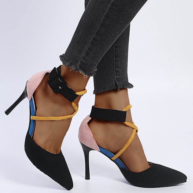Sandalias casuales con hebilla de tacón alto y correa de bloque de color con cabeza de bollo de terciopelo para mujer Wmkox8yii hfjk2850