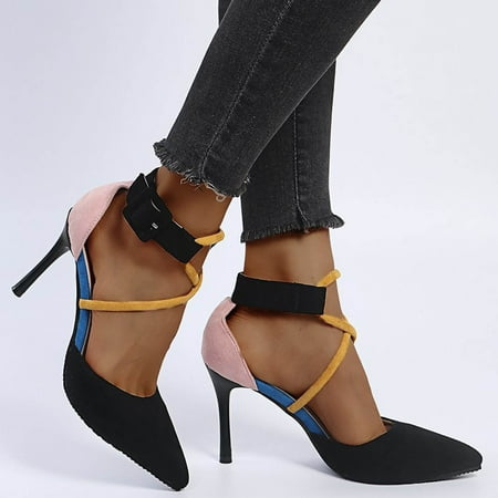 

VKEKIEO Closed Toe Rhinestone Heels High Heel Block Black
