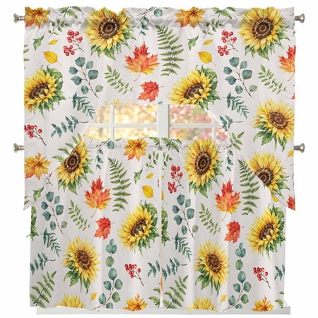 Fall Sunflower Swag and Tier Curtains Set Country Farmhouse Yellow Flowers Red Maple Leaf Berry Kitchen Valances with Tier Curtains 36 in Long Light Filtering Curtains for Sink Laundry Bathroom