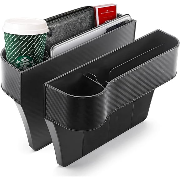 2-Pack Multi-Functional Car Seat Gap Organizer Bags with Cup Holders and an Extra Side Pocket on the Center Console. Suitable for storing car accessories such as phones, wallets, and keys.
