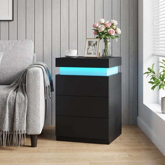 Toogaho Nightstand with Charging Station and LED Lights,Modern Night Stand with 3 Drawers and Sliding Top,Bedside Table End Table for Bedroom, Living Room, Black