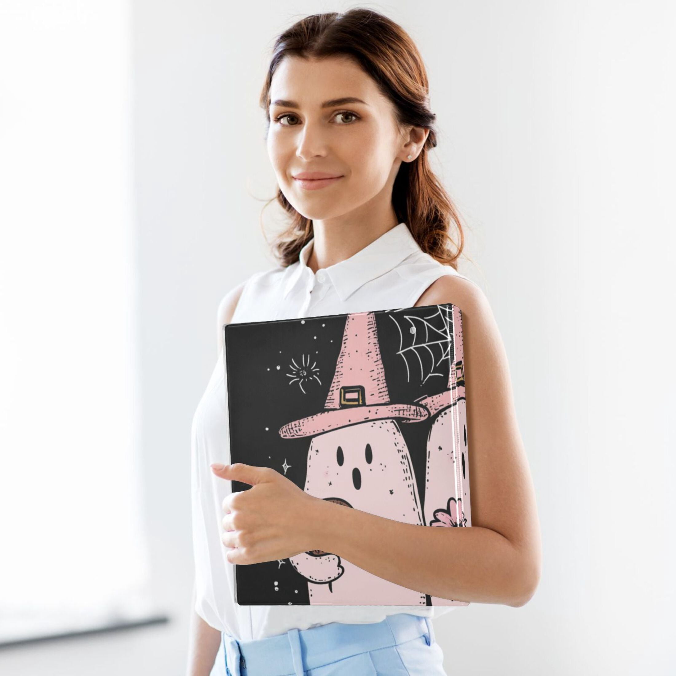 Halloween Pink Ghosts 3 Ring Binders 1.5 inch Hardcover File Folders with Interior Pockets A4 Size Organizer for School Office Hospital