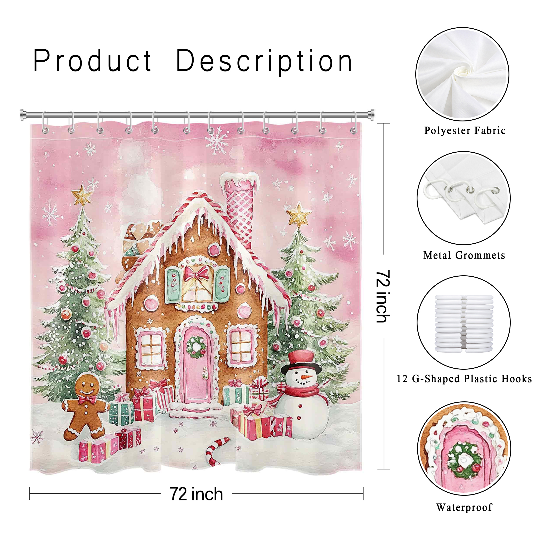 NEONWE Pink Christmas Gingerbread House Shower Curtain Christmas Trees Winter Cute Candy Snowman Bathroom Shower Curtain Decor Polyester Waterproof Fabric with 12 Pack Plastic Hook 72" X 72"