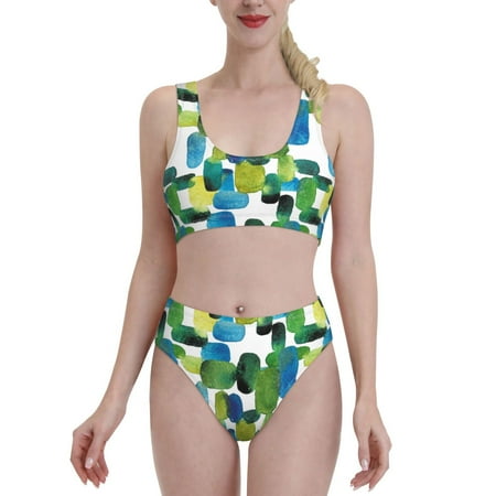 Bikini Sets For Women  Abstractly Bright Green Pattern High Waisted Bikini Sets Bathing Suit 2-Piece Drawstring Swimsuit