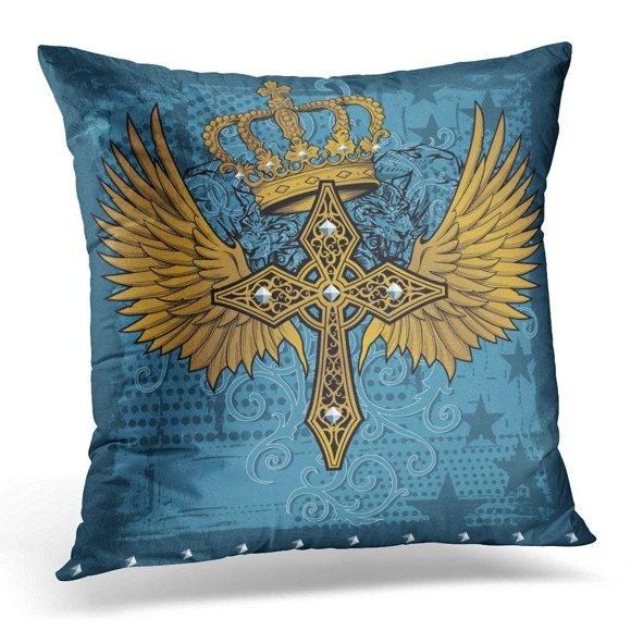 BSDHOME Rhinestone Royal Cross with Wings Design Celtic Pillow Case Pillow Cover 18x18 inch