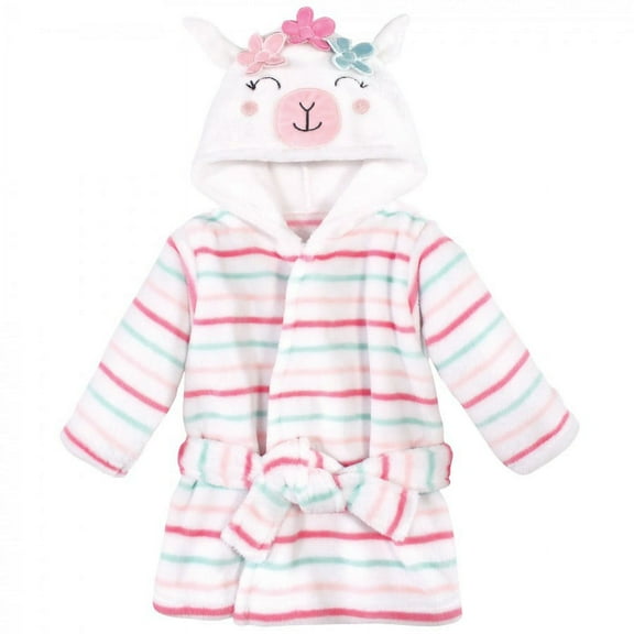 Hudson Baby Infant Girl Plush Animal Face Bathrobe, Flower Llama, 0-9 Months
