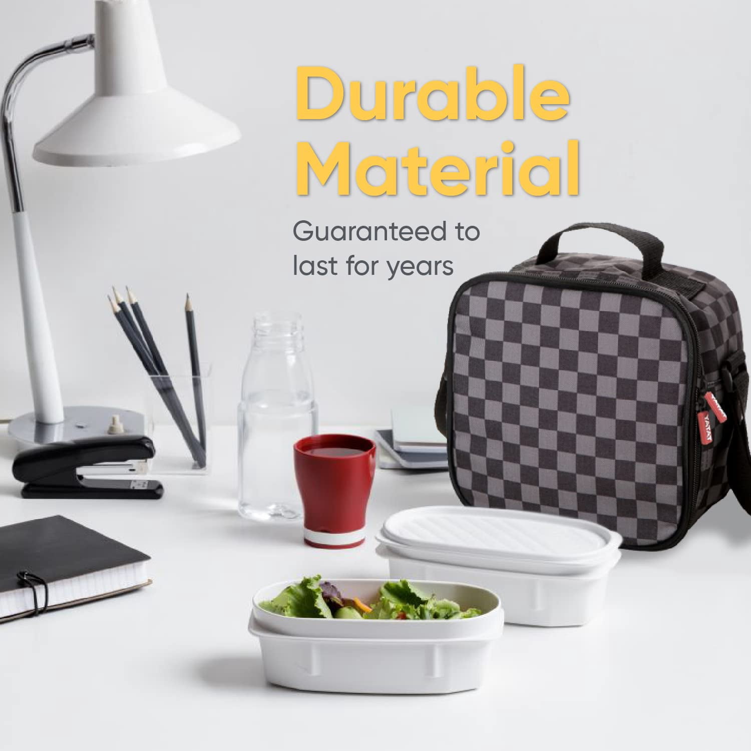 Insulated Lunch Bag with Containers, Thermal Lined Lunch Box, Reusable Leak Proof Containers for Work, Travel, and Beach, Grey Checked Small Lunch Bag with Adjustable Strap, Easy to Clean