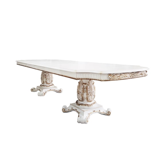 ACME Vendome Wood Dining Table with Double Pedestal in Antique Pearl