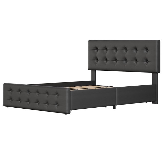Queen Bed Frame – 4 Drawers & Adjustable Headboard – PU Leather Upholstered – Button Tufted – No Box Spring – Wooden Slats – Black