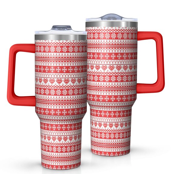 Red and White Christmas Pattern Tumbler with Handle and Lid,40oz Double Wall Vacuum Insulated Tumbler,Cups Gift for Women and Men