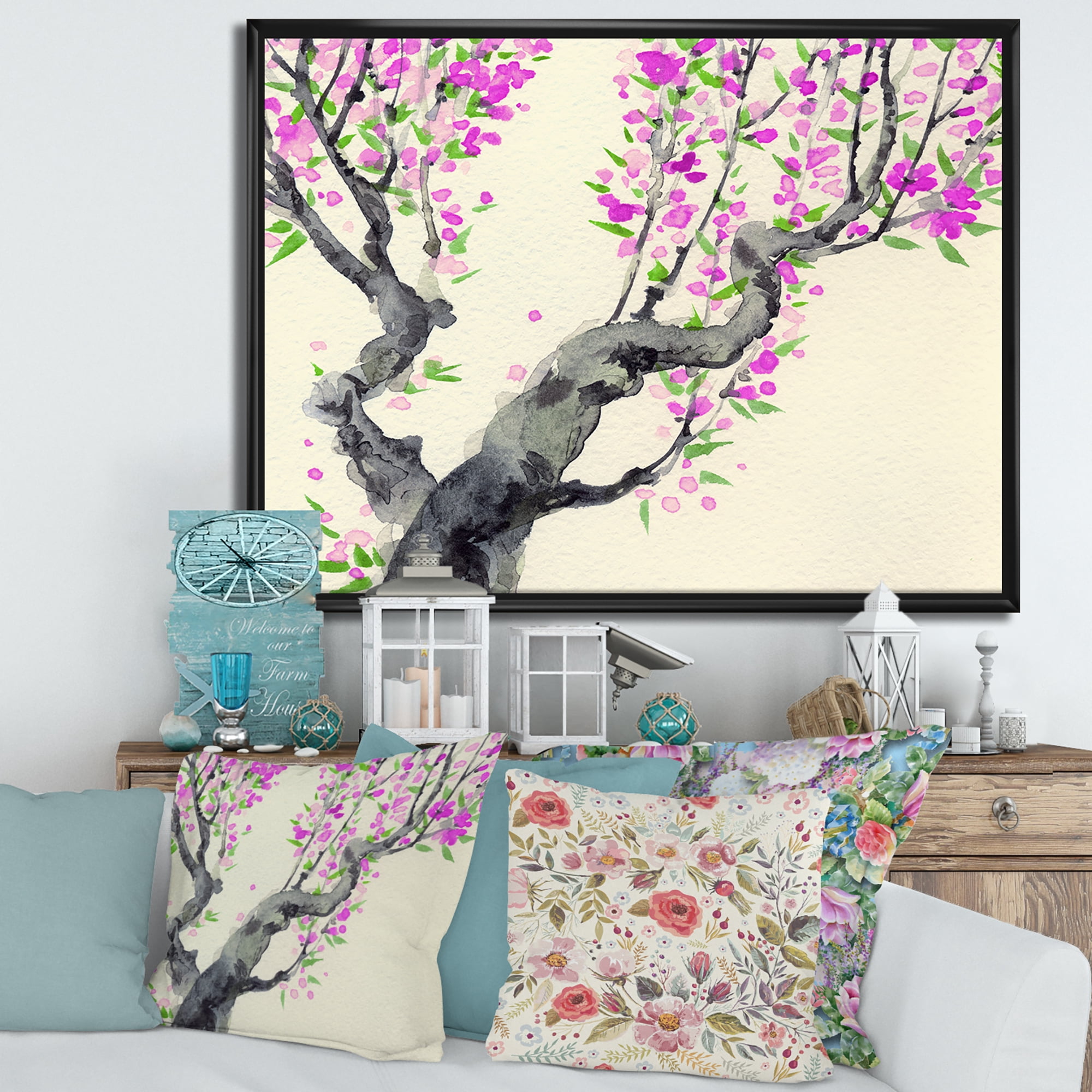 Designart 'The Japanese Tree With Purple Flowers On' Traditional Framed Canvas Wall Art Print