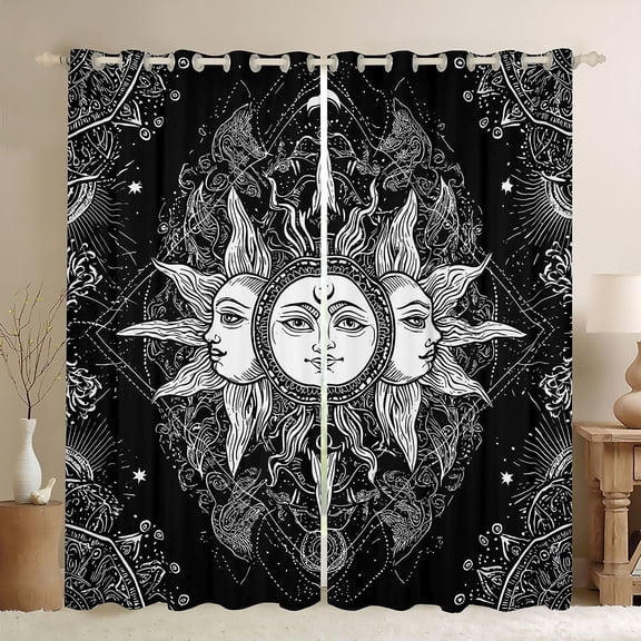 Manfei bohemian Sun Pattern Black Out Curtains,Exotic Boho Curtains Pack of 2 (42x63 Each),White Black Bedroom Curtains For Boys Girls,Breathable Home Decor