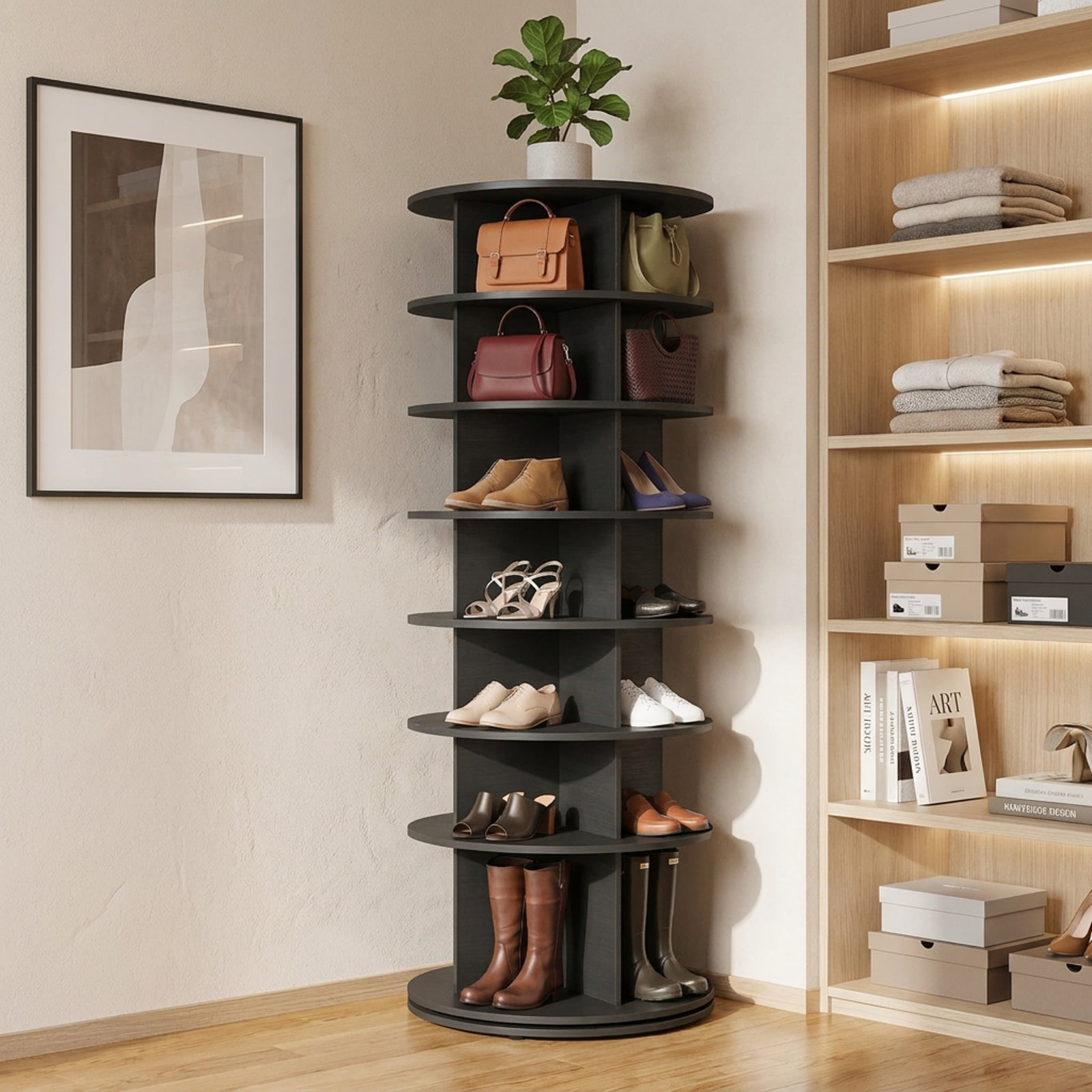 Furnibear 7 Tier Rotating Shoe Rack Tower Freestanding Spinning Shoe Organizer for Entryway Closet and Bedroom Corners, Black