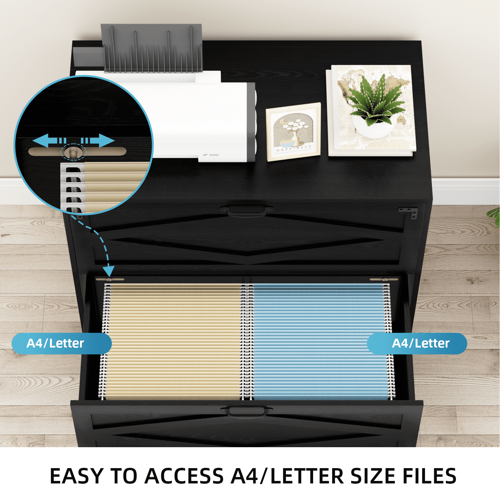 RichYa 2 Drawer Wood Lateral File Cabinet, Large Filing Cabinet for Home Office, Fits A4/Letter Size Files, Black