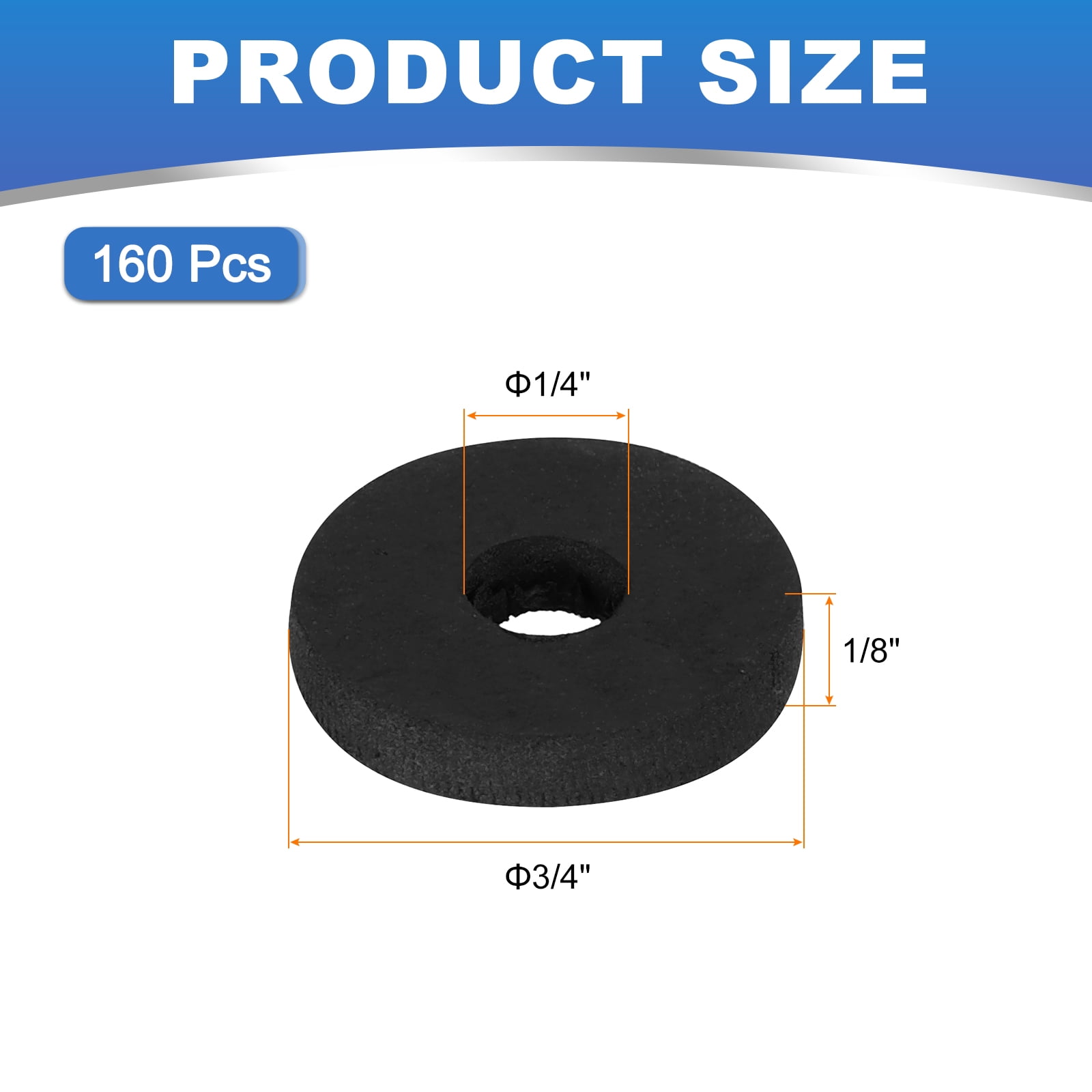 Uxcell 160pcs Rubber Spacers, 3/4'' OD x 1/4'' ID x 1/8'' Thickness, Round Anti Vibration Spacer Bushings, Black Flat Rubber Washers, Vibration Damping Pads for Home and Car Accessories