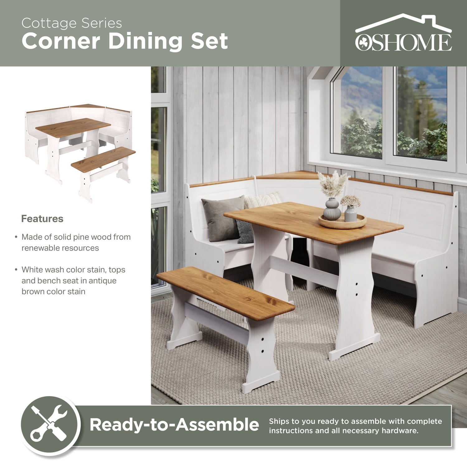 OS Home and Office Furniture Solid Pine Corner Dining Booth in White