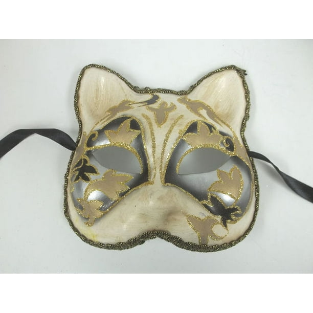 Venetian Cat Silver Black Beige Paper Mache Masquerade Mardi Gras Mask  Halloween 