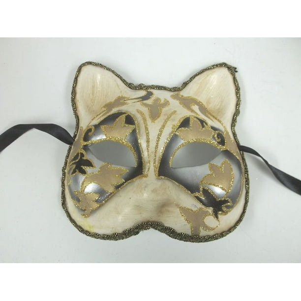 Venetian Cat Silver Black Beige Paper Mache Masquerade Mardi Gras Mask Halloween Venetian Cat Silver Black Beige Paper Mache Masquerade Mardi Gras Mask Halloween