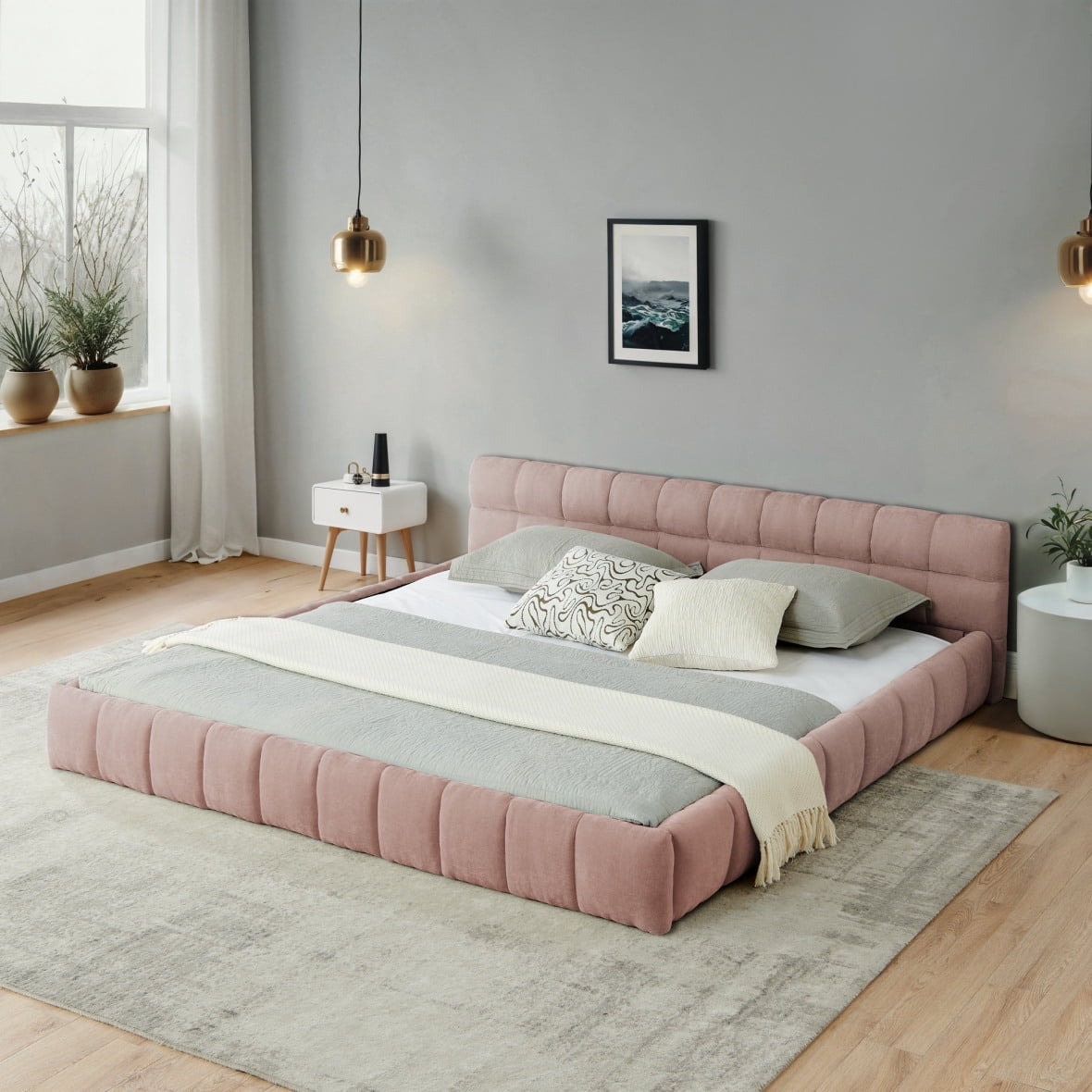 King Size Bed Frame with Headboard, Grounded Low Profile Bed with Thick Chenille Fabric, No Box Spring Needed, Sturdy Wood Frame Bed for Bedroom, Pink