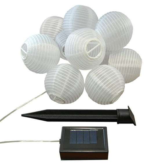 LumaBase Solar Powered String White Lights with 10 White Nylon Lanterns