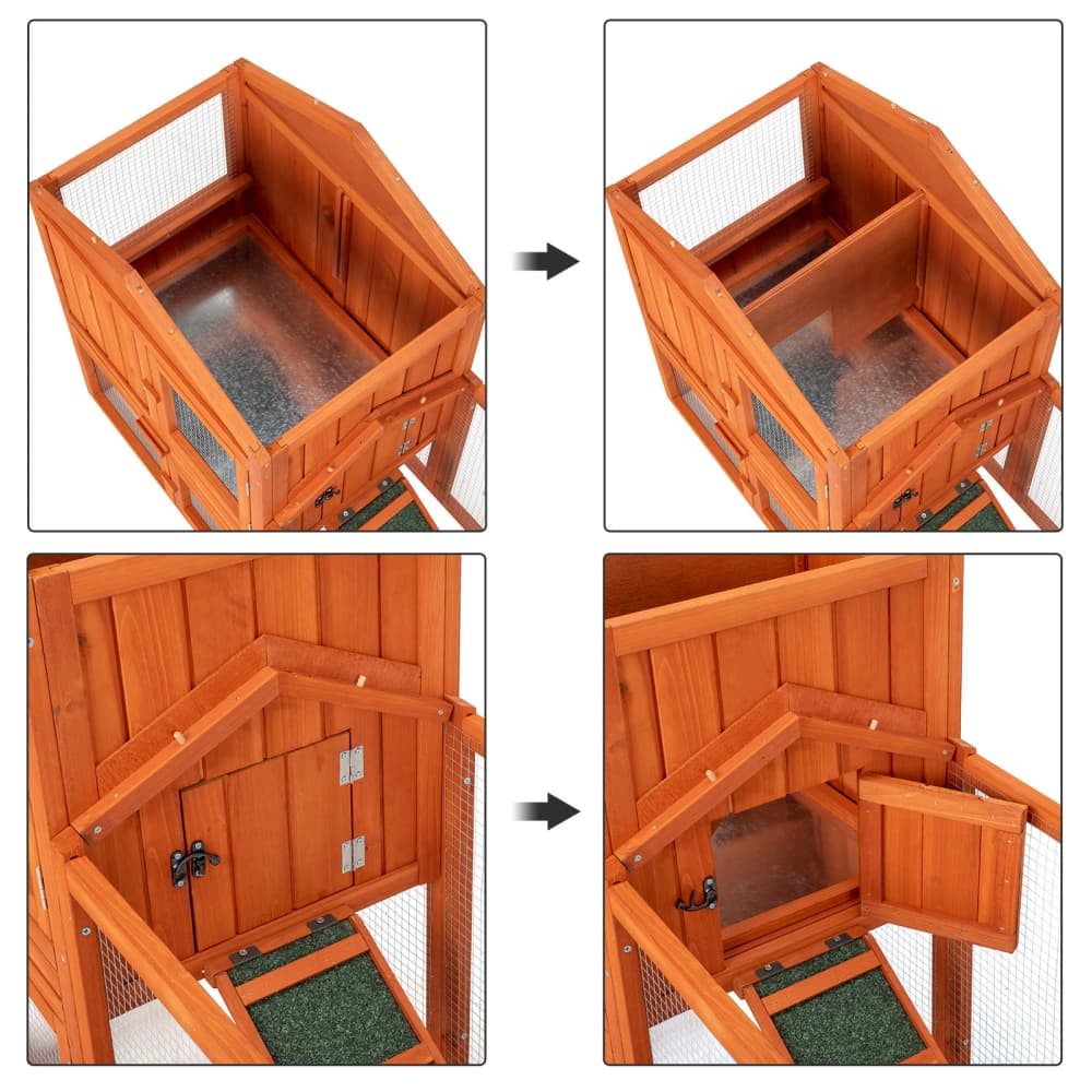 Hassch 2-Story Rabbit Hutch with Run, Outdoor Bunny House, Small Animal Cage with Roof and Door for Guinea Pigs, Ducks, Chicken, Wood Color