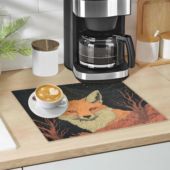 Qxltty Night Orange Fox Leather Drying Mat for Kitchen Countertops Coffee Mats Hide Stain Quickly Absorbs Water Tableware Decor