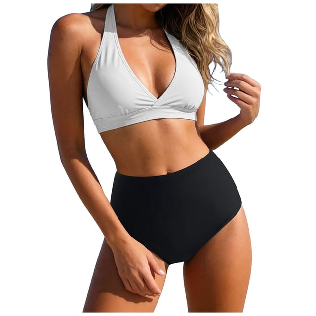 Yammkia Women Two Piece Bikini Set Halter Triangle Swimsuit Cheeky String Bathing Suits Bikini Sets(White,XL)