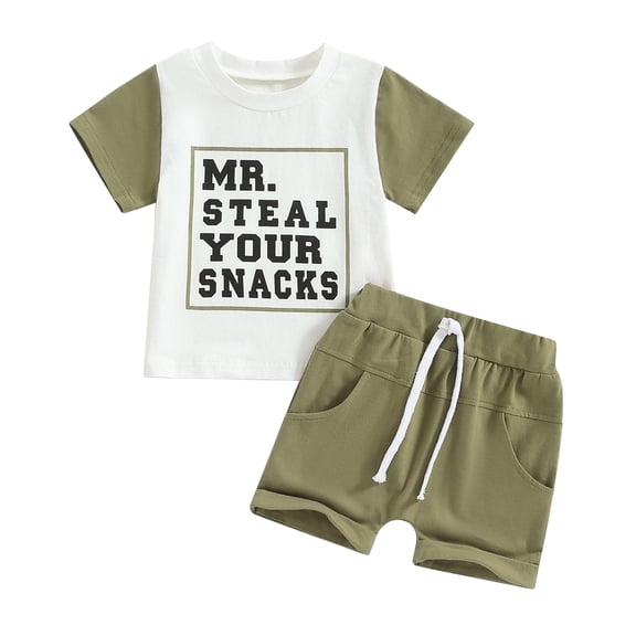 Elippeo Toddler Boy Summer Clothes 6 12 18 24 Months 3 4 Years Letter Print Short Sleeve T-Shirt with Solid Color Shorts 2Pcs Outfit
