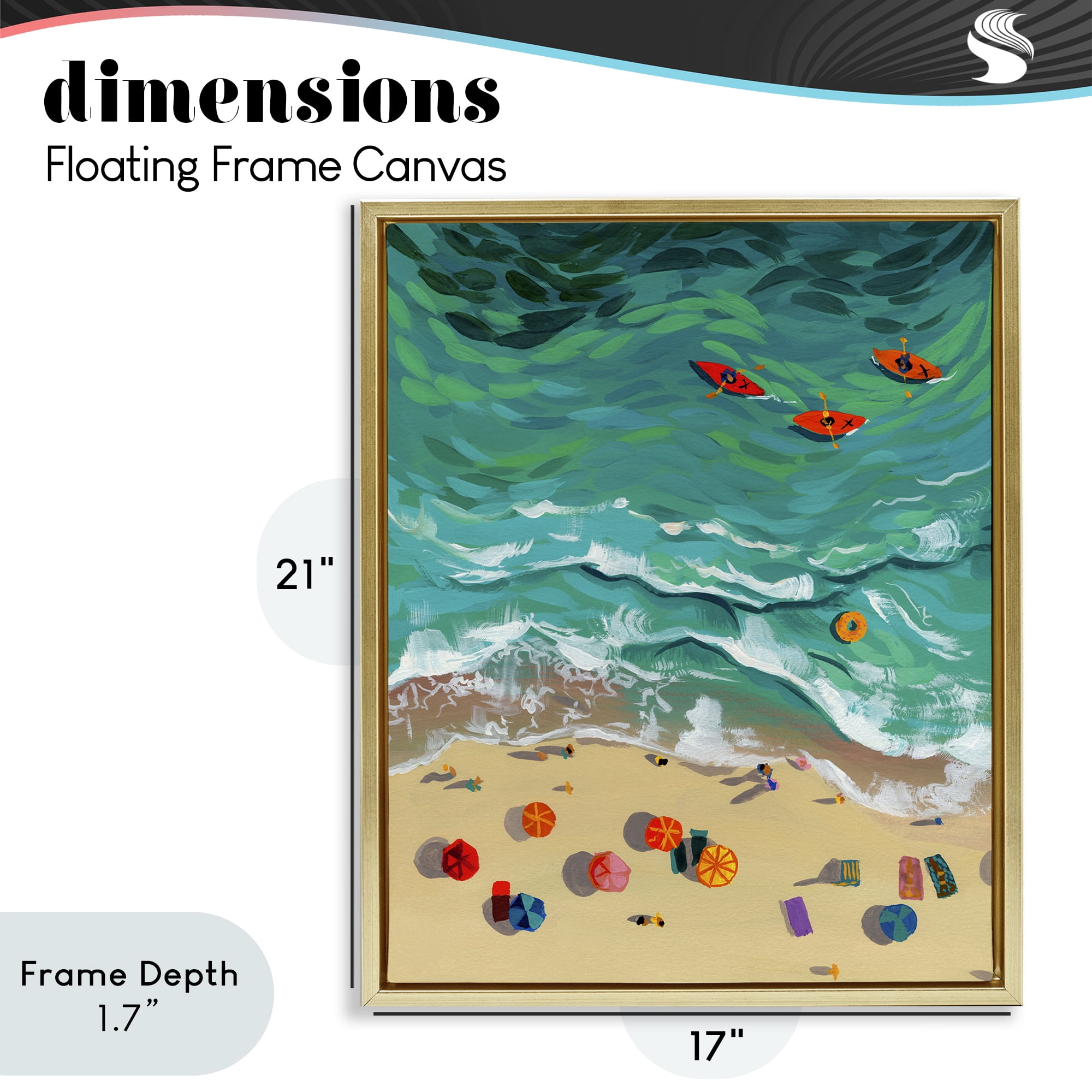 Stupell Industries Three Kayaks in Turquoise Waves Gold Framed Floater Canvas Wall Art, design by Brook Page