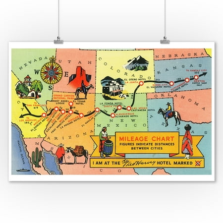 Map of Fred Harvey Hotel Locations - CA to KS (9x12 Art Print, Wall Decor Travel (Best Google Maps Locations)
