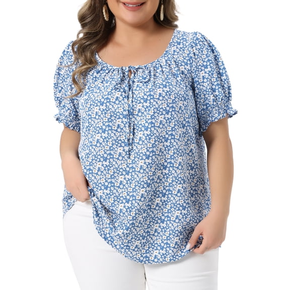 Women's Plus Tops Scoop Neck Notch V Tie Front Short Sleeve Floral Summer Blouses 1X Blue