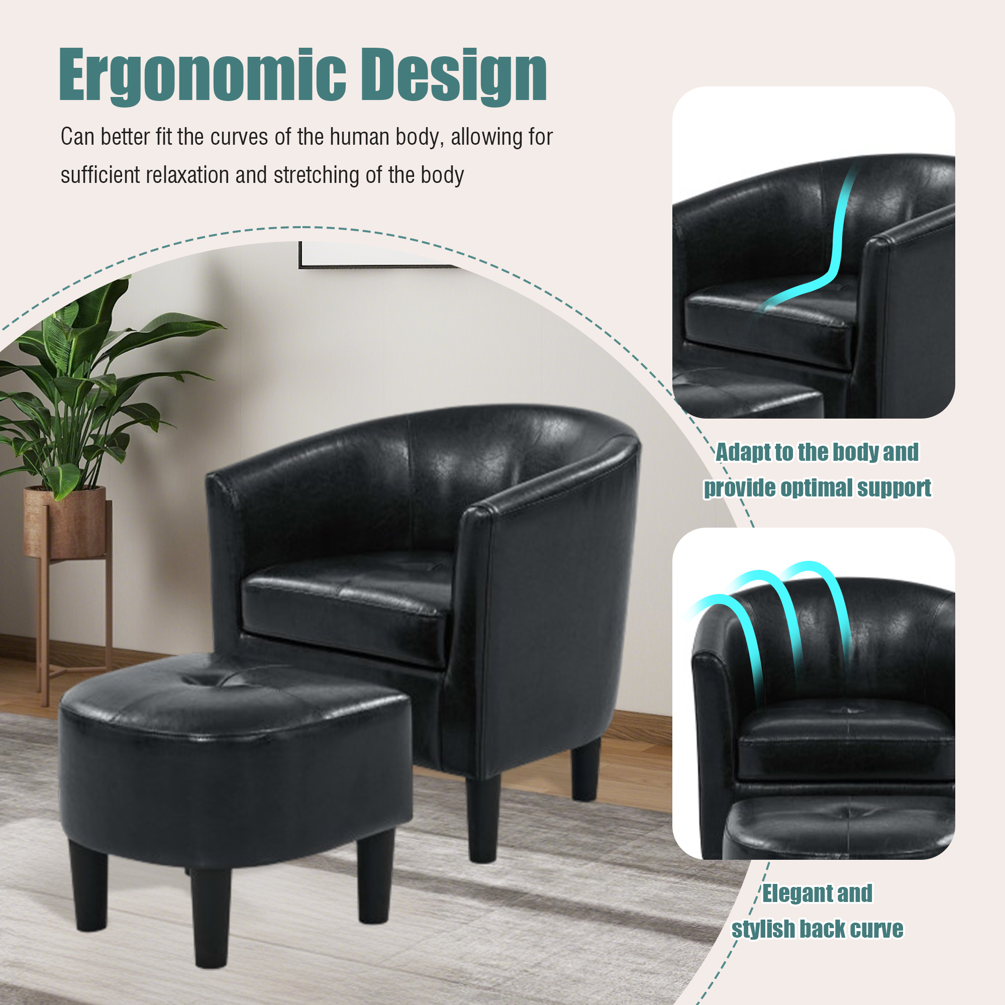 MOONMISS Velvet Accent Chair with Ottoman for Living Room，Black