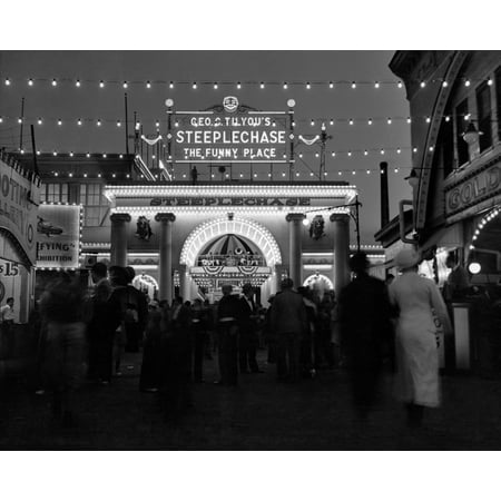 1930s-1940s Night Lights Amusement Park Brooklyn Ny Entrance Steeplechase Park Funny Place Coney Island New York (Best Amusement Parks In Ny)
