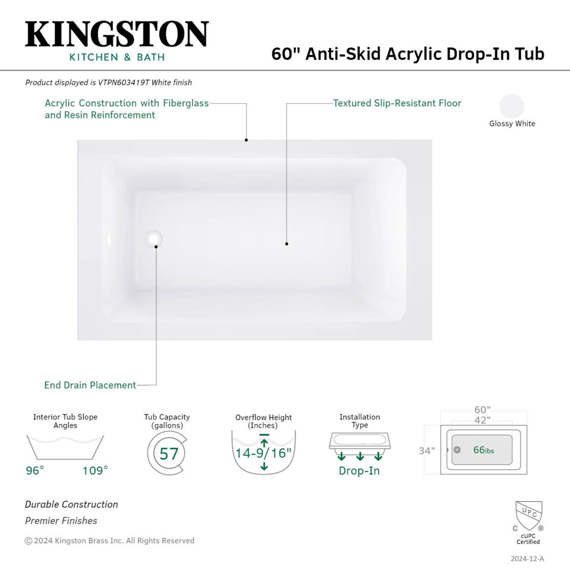 Kingston Brass VTPN603419T 60-Inch Acrylic Rectangular Drop-In Tub with Anti-Skid Surface in Glossy White
