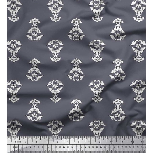 Soimoi Polyester Crepe Fabric Leaves & Floral Block Printed Fabric 1 Yard 42 Inch Wide