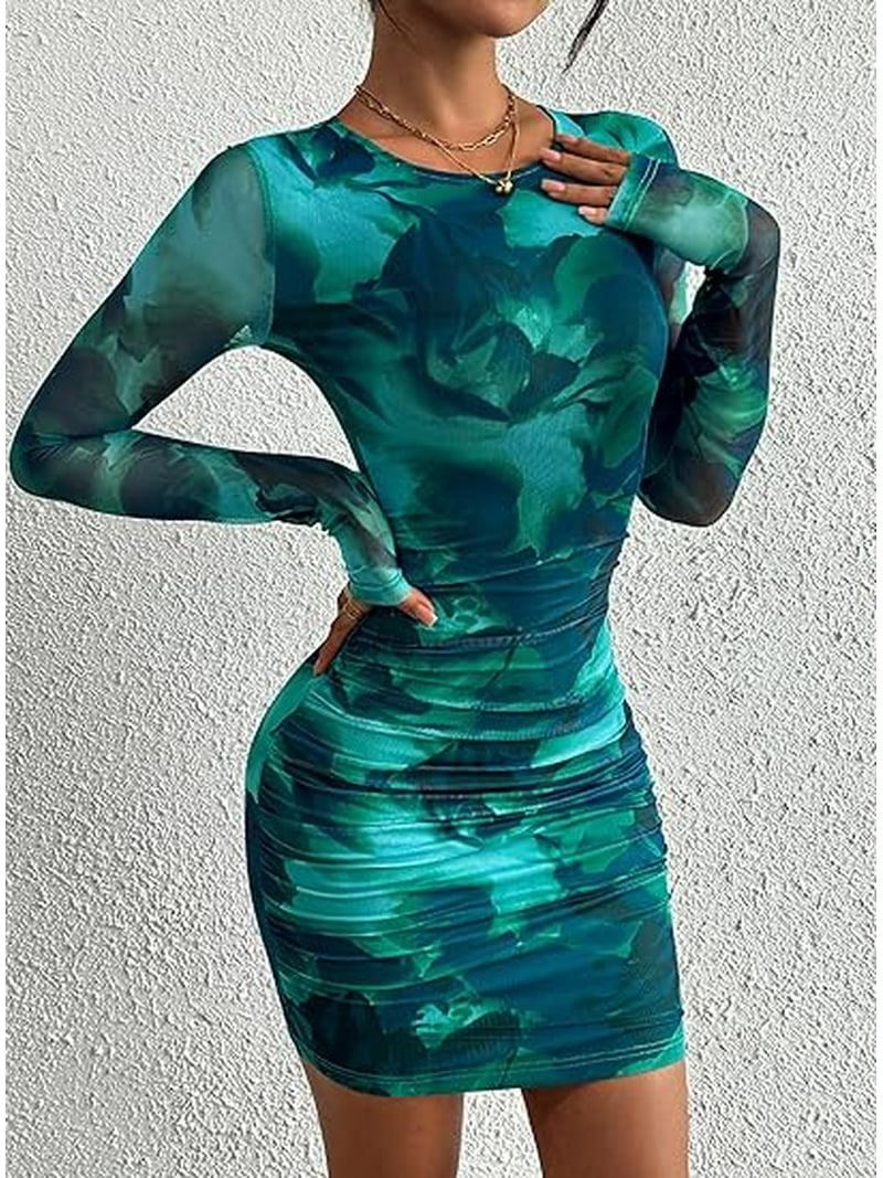 PRETTYGARDEN Women's Bodycon Mini Dress Tie Dye Print Ruched Mesh Long  Sleeve Club Party Short Casual Dresses - Walmart.com