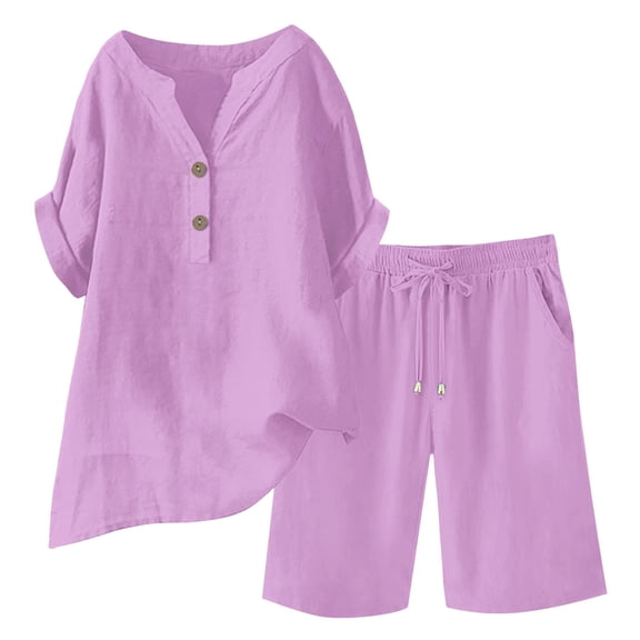 UAMVSH Plus Size 2 Piece Sets for Women Short Sleeve Lounge Sets Button V Neck Top Matching Drawstring Shorts Set Beach Vacation Outfits
