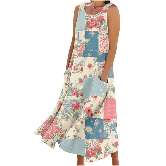 Giftesty Summer Dresses for Women Sleeveless Cotton and Linen Round Neck Printed Long Dress with Pocket