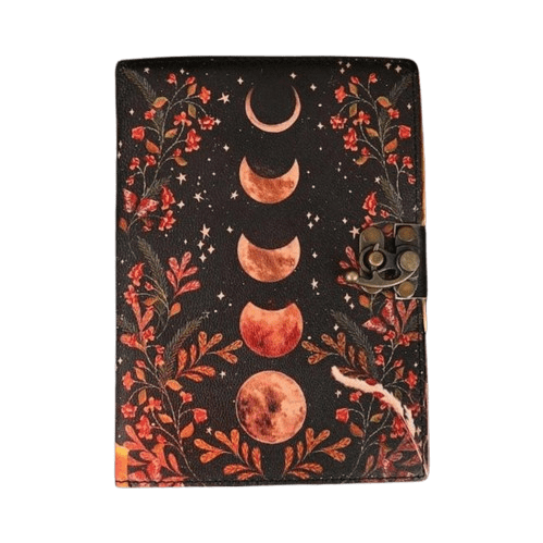 Moon Phase Leather Grimoire Journal – Antique Spell Book, 200 Pages Book of Shadows, Vintage Witchcraft Spellbook, Wiccan Pagan Gothic Gift