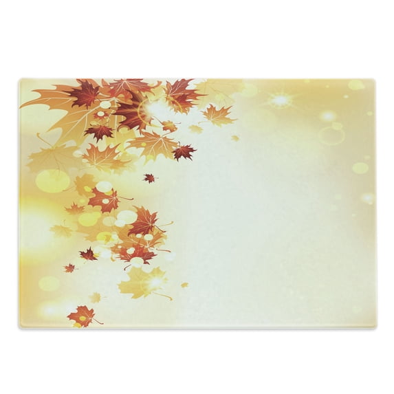 Autumn Cutting Board, Flying Leaves Pattern on Bokeh Style Background Autumn Nature, Decorative Tempered Glass Cutting and Serving Board, in 3 Sizes, by Ambesonne