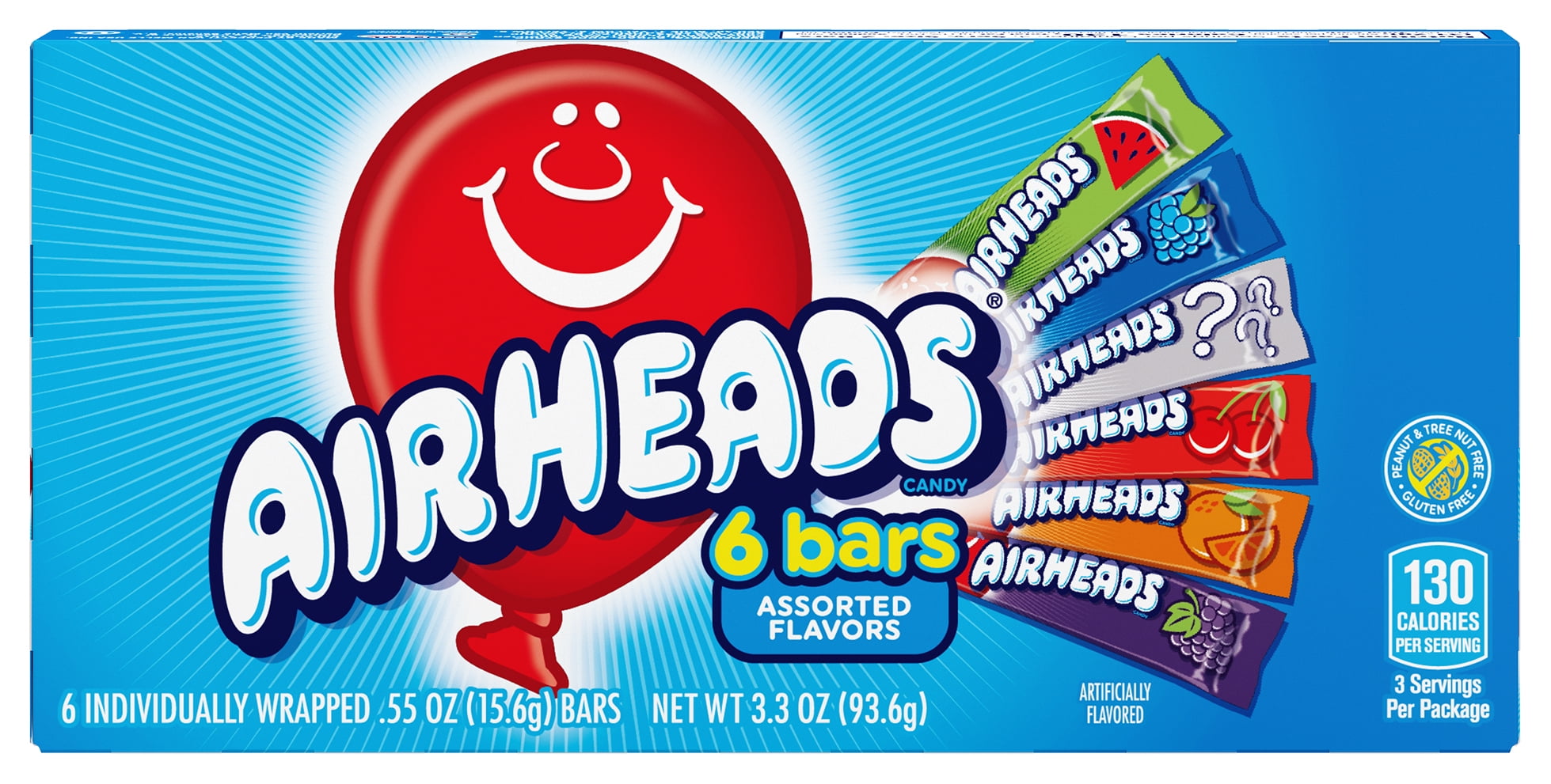 Airheads Assorted Flavors Chewy Candy Bars, 3.3 Oz, 6 ct