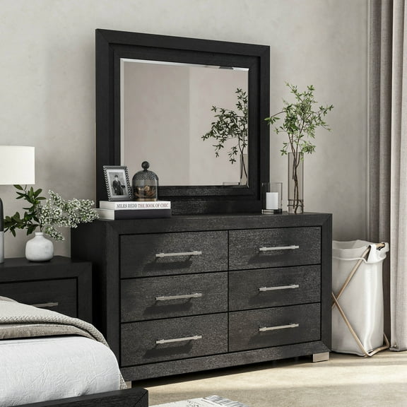 Furniture of America Bennett Modern 2-Piece Solid Wood 6-Drawer Dresser and Mirror Set, Black